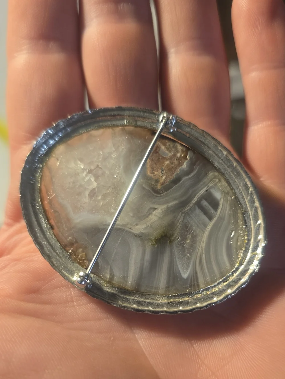 Silver Plated broch Gray Crazy Lace Agate with a natural quartz druzy pocket